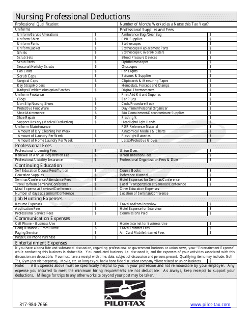 Nursing Professional Deductions Form Pilot Tax Fill Out Sign 