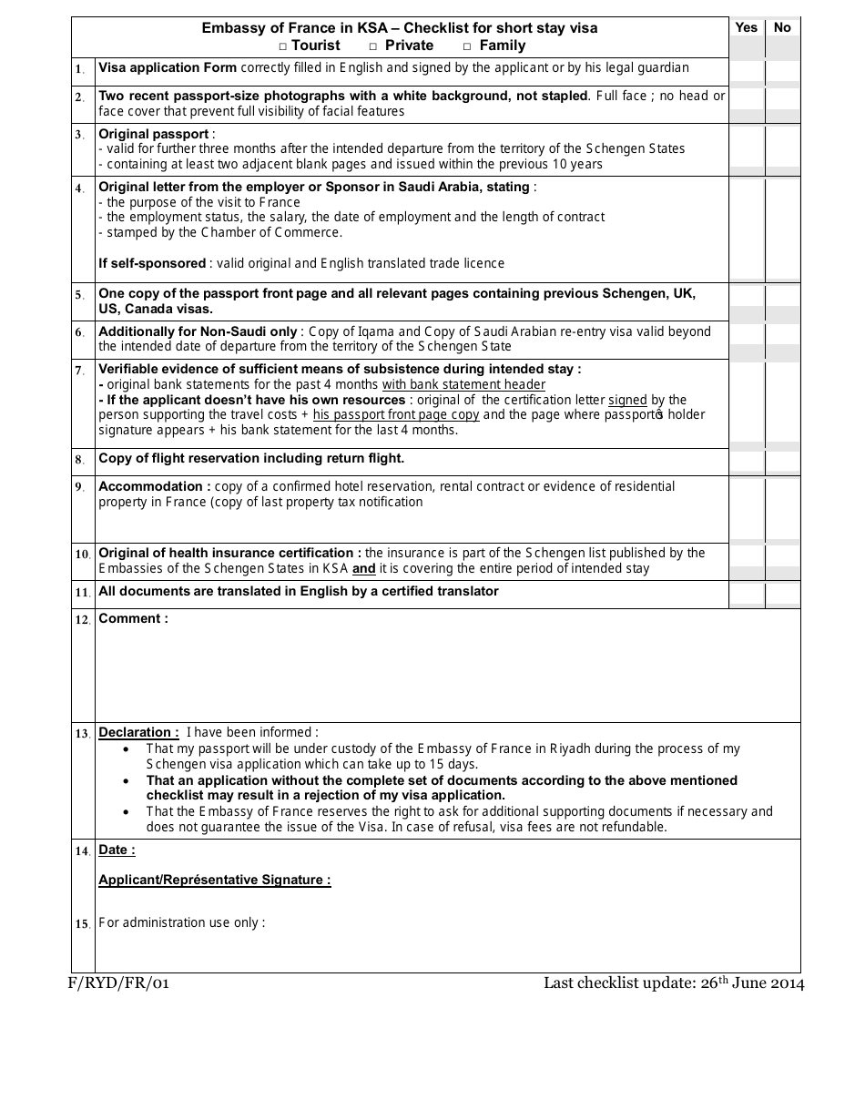 Checklist for Short Stay Visa - Embassy of France - Riyadh Region, Saudi Arabia, Page 1