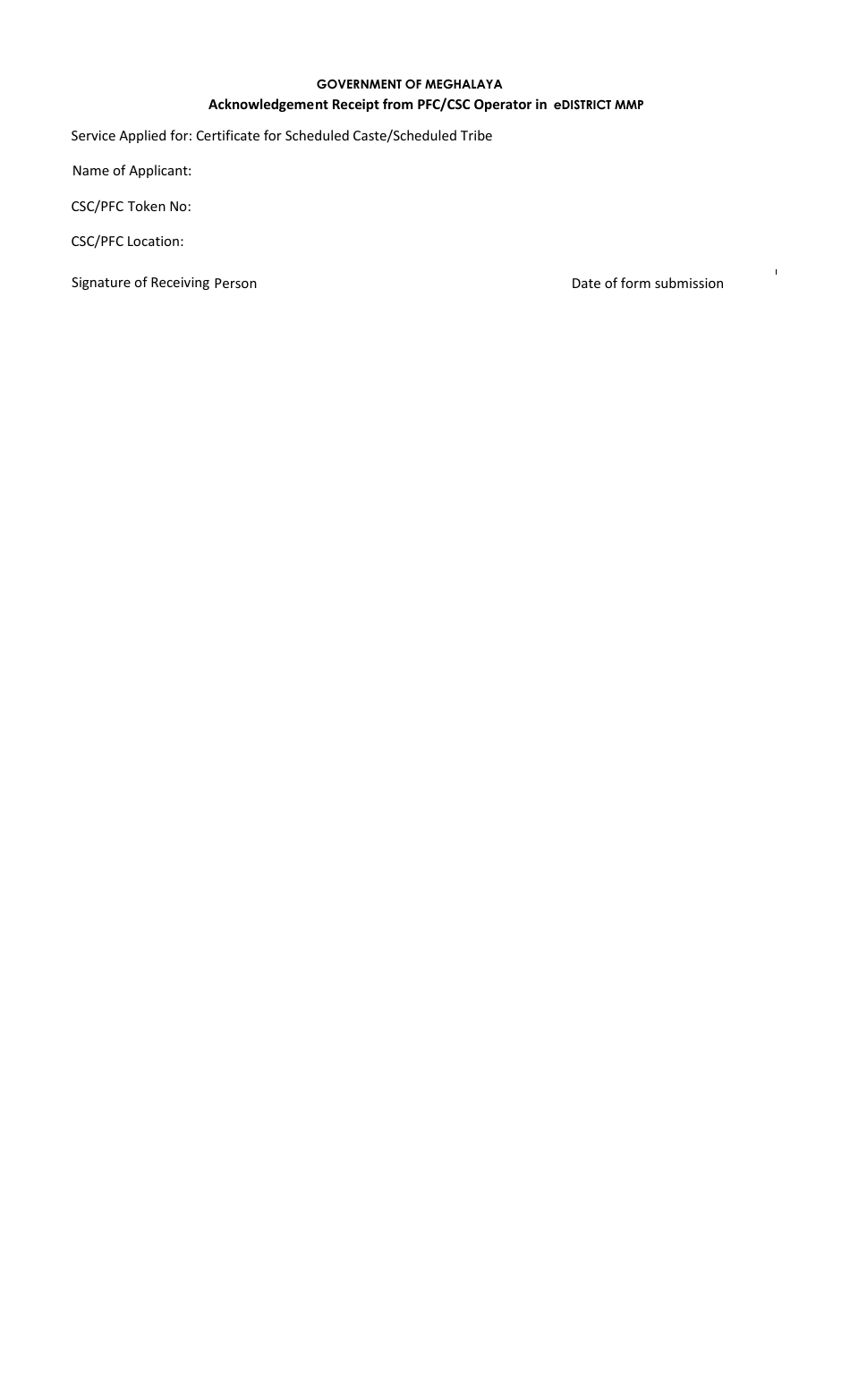 Meghalaya India Application Form for Scheduled Caste and Scheduled