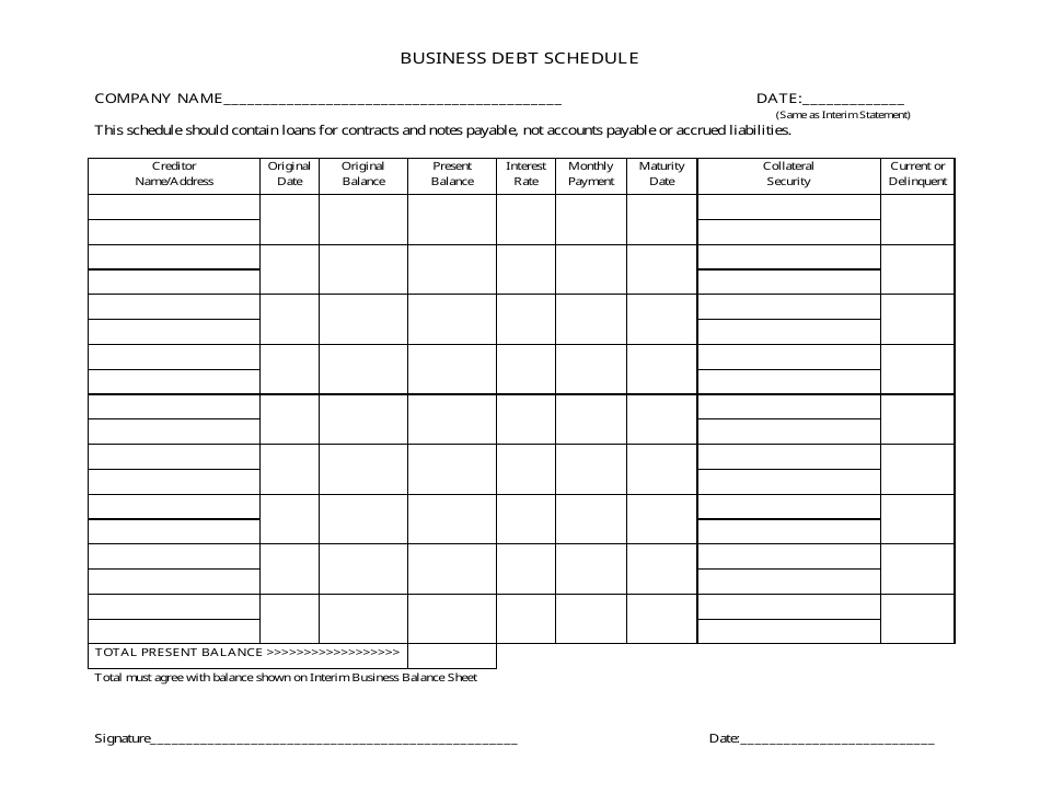 Business Debt Schedule Template, Page 1