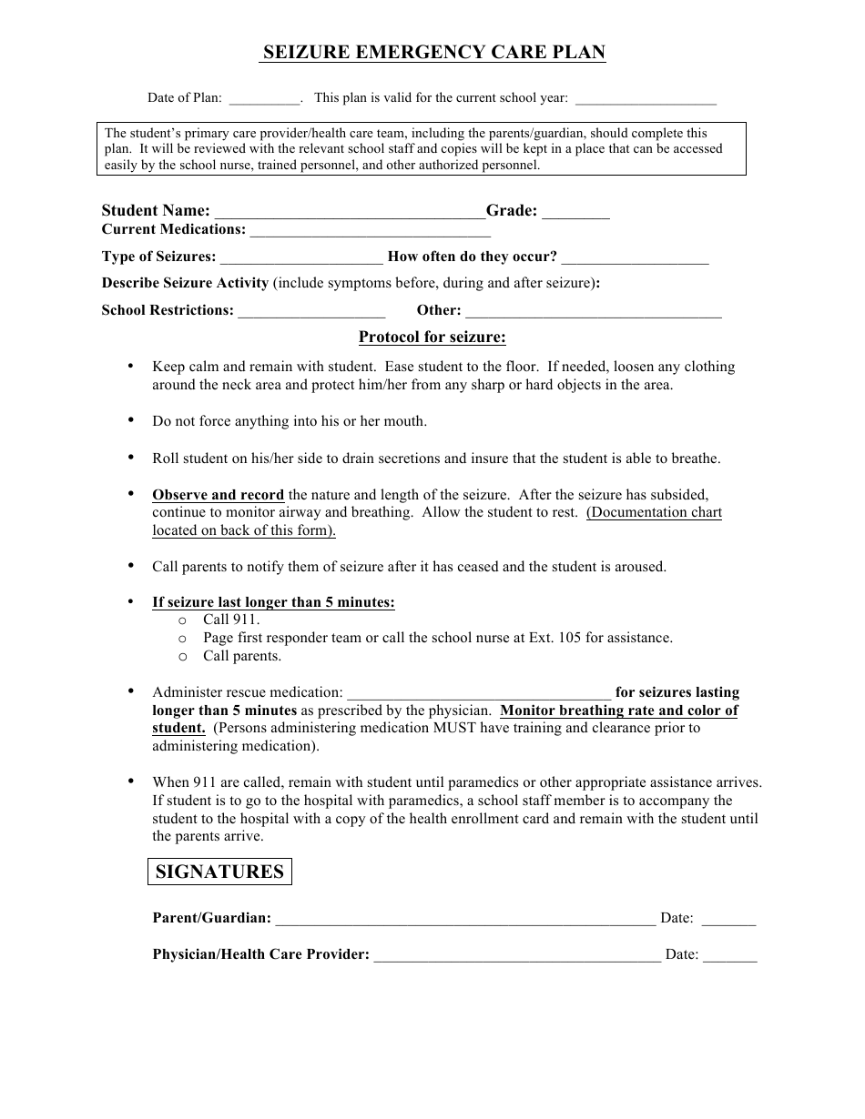 Seizure Emergency Care Plan Template - Free PDF Sample