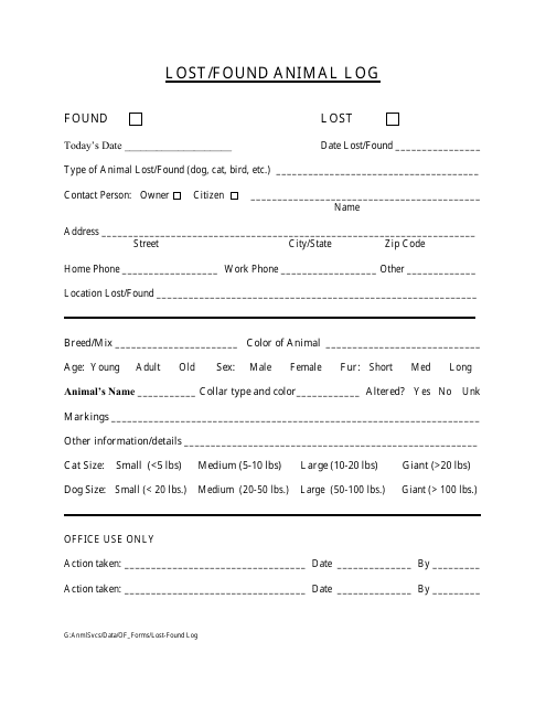 Lost/Found Animal Log Template