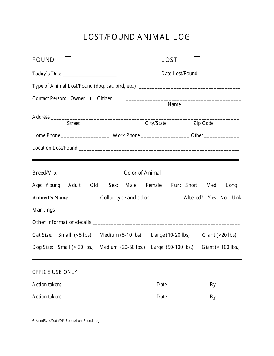 lost found animal log template