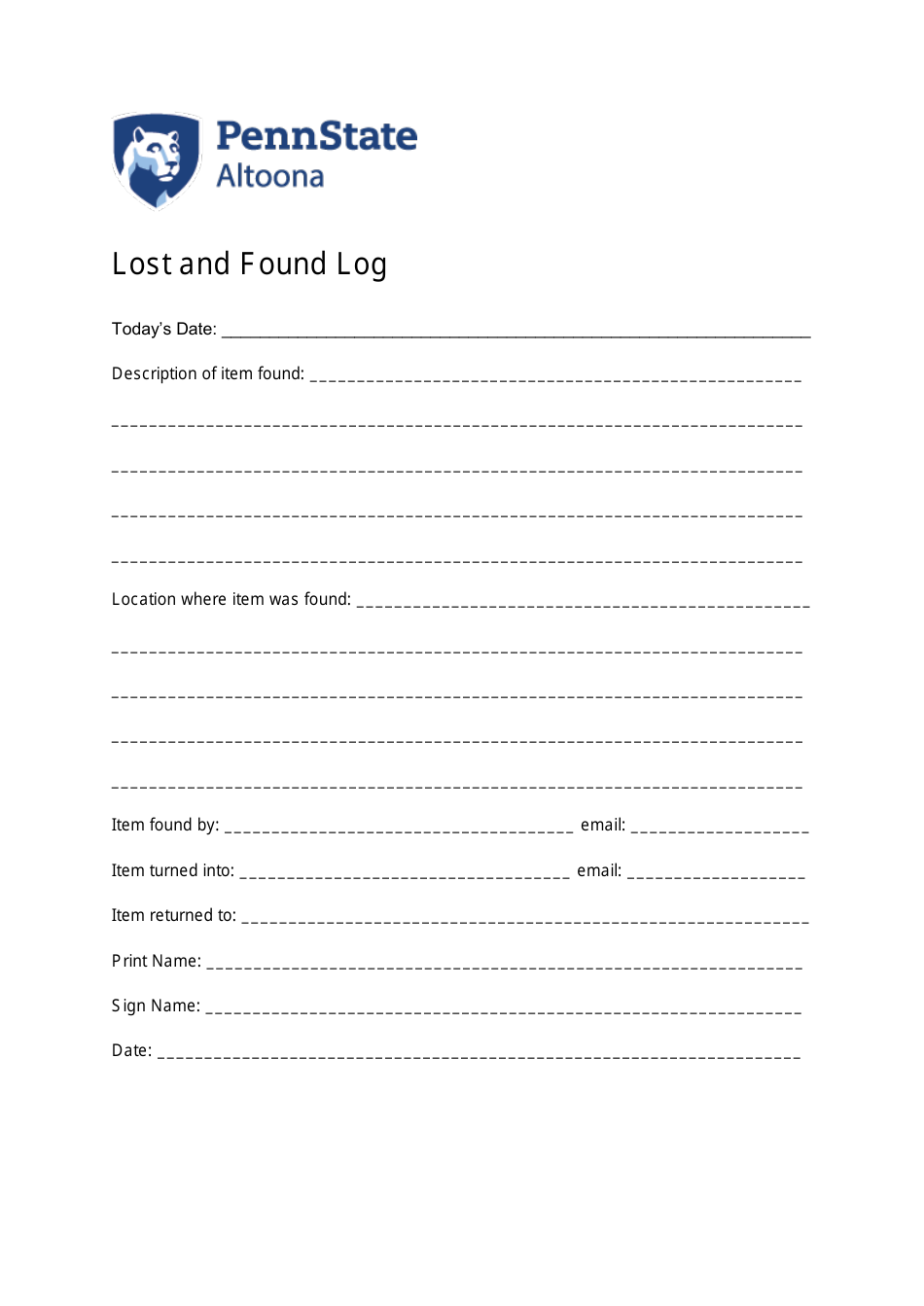 lost and found log template pennstate altoona download printable pdf templateroller