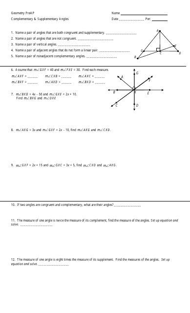 Geometry Preap Complementary and Supplementary Angles Worksheet