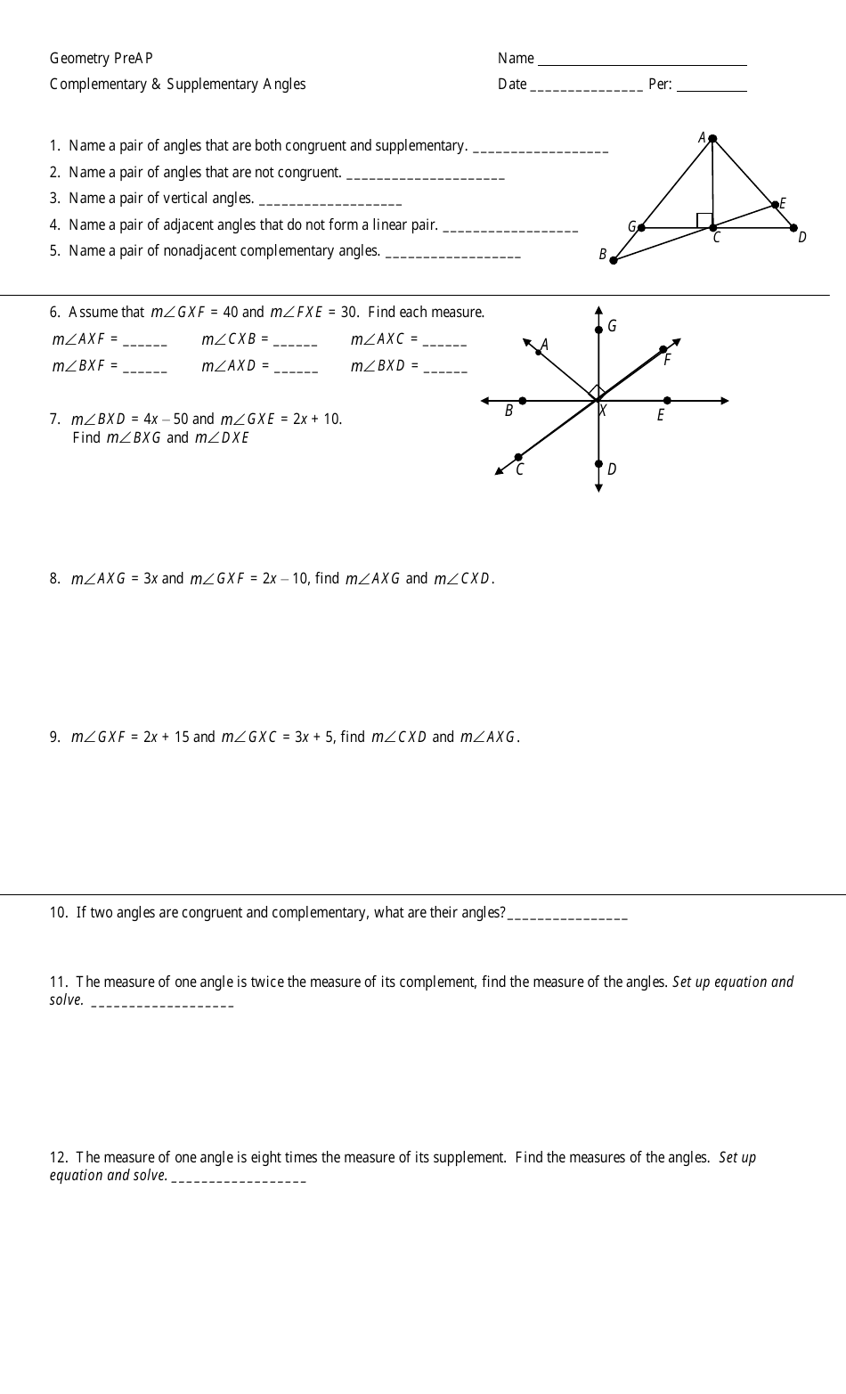 Geometry Preap Complementary and Supplementary Angles Worksheet - Preview Image