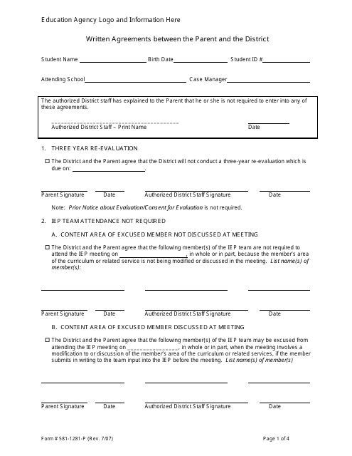 Form 581-1281-P Written Agreements Between the Parent and the District - Oregon