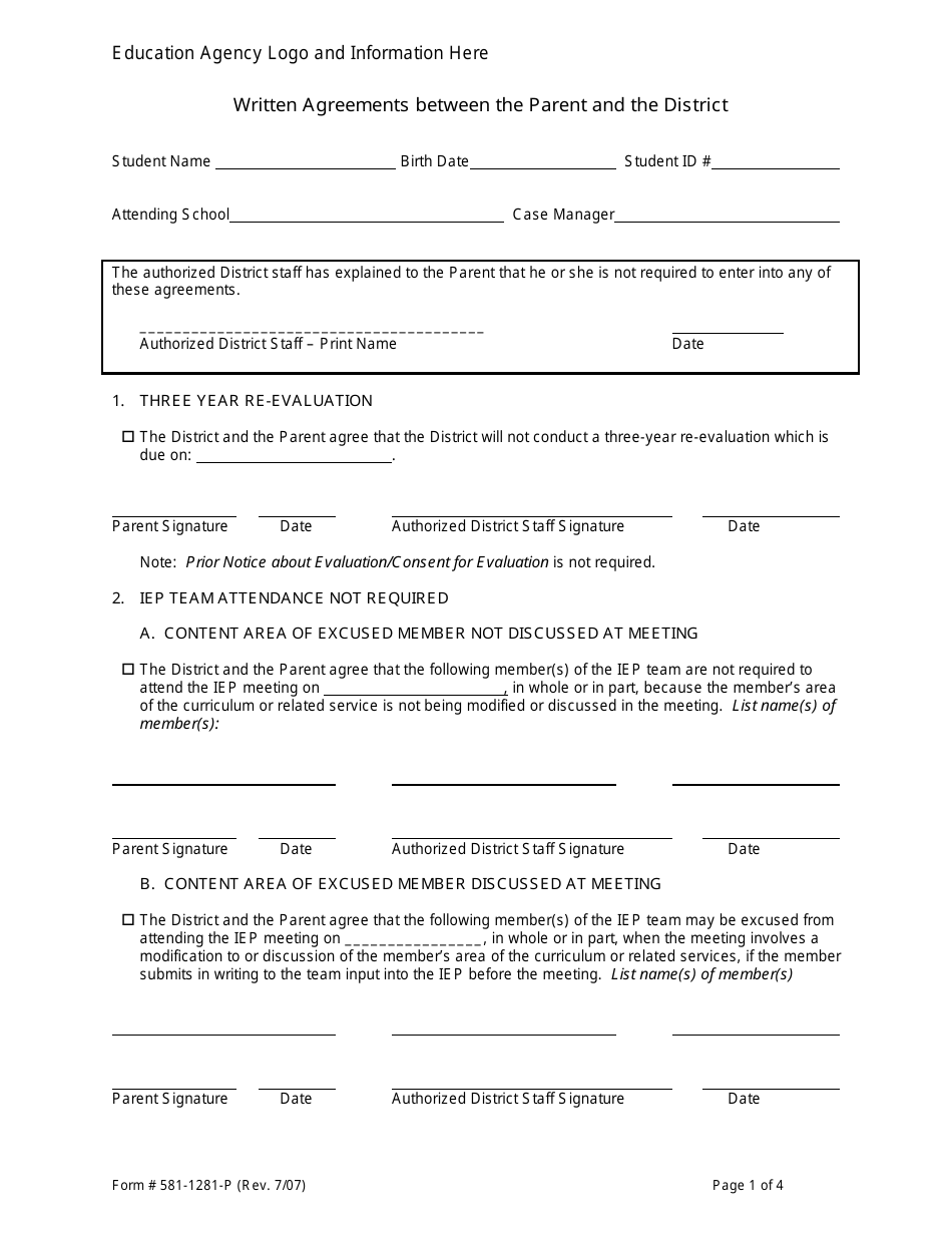 Form 581-1281-P Written Agreements Between the Parent and the District - Oregon, Page 1