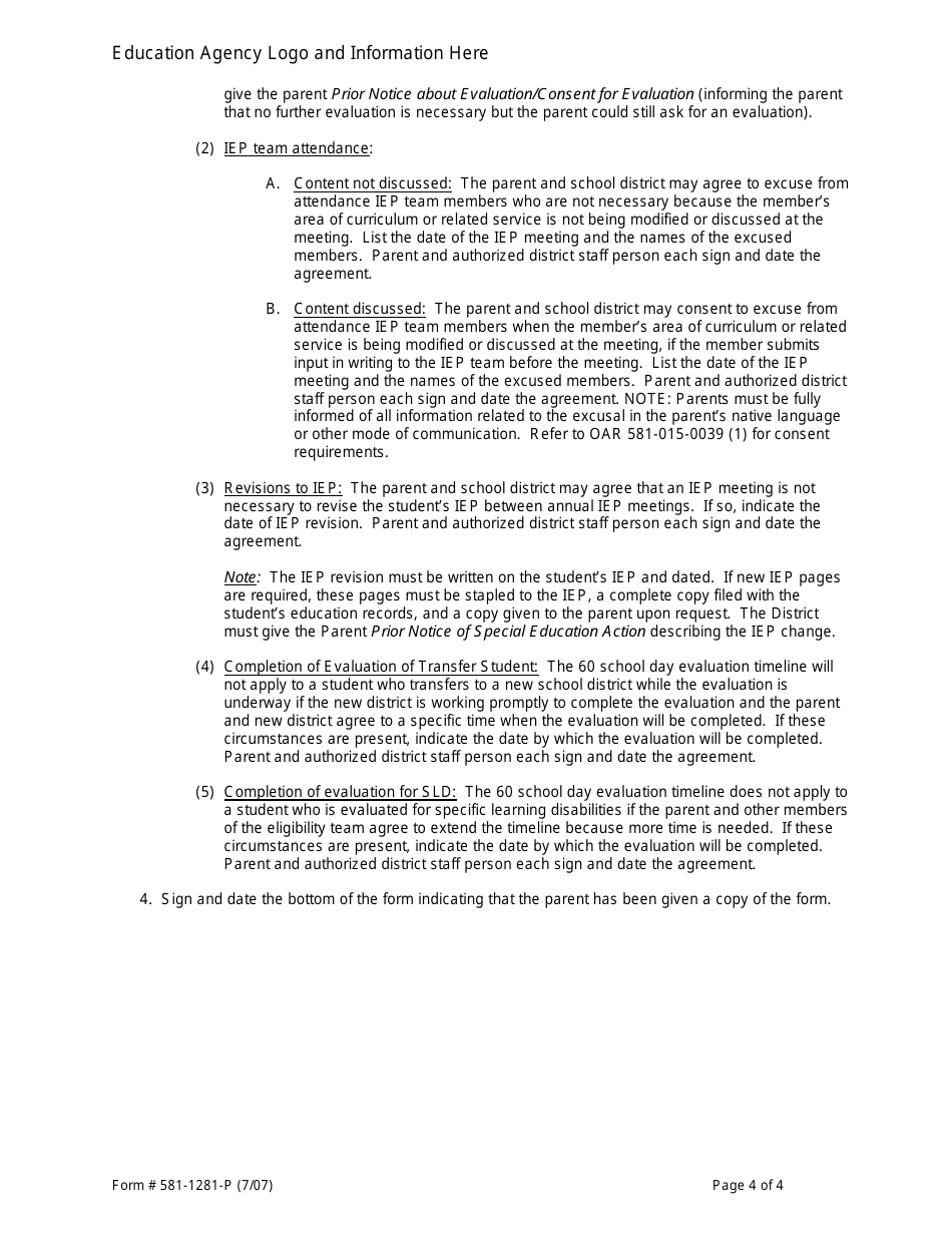 Form 581-1281-P Written Agreements Between the Parent and the District - Oregon, Page 4