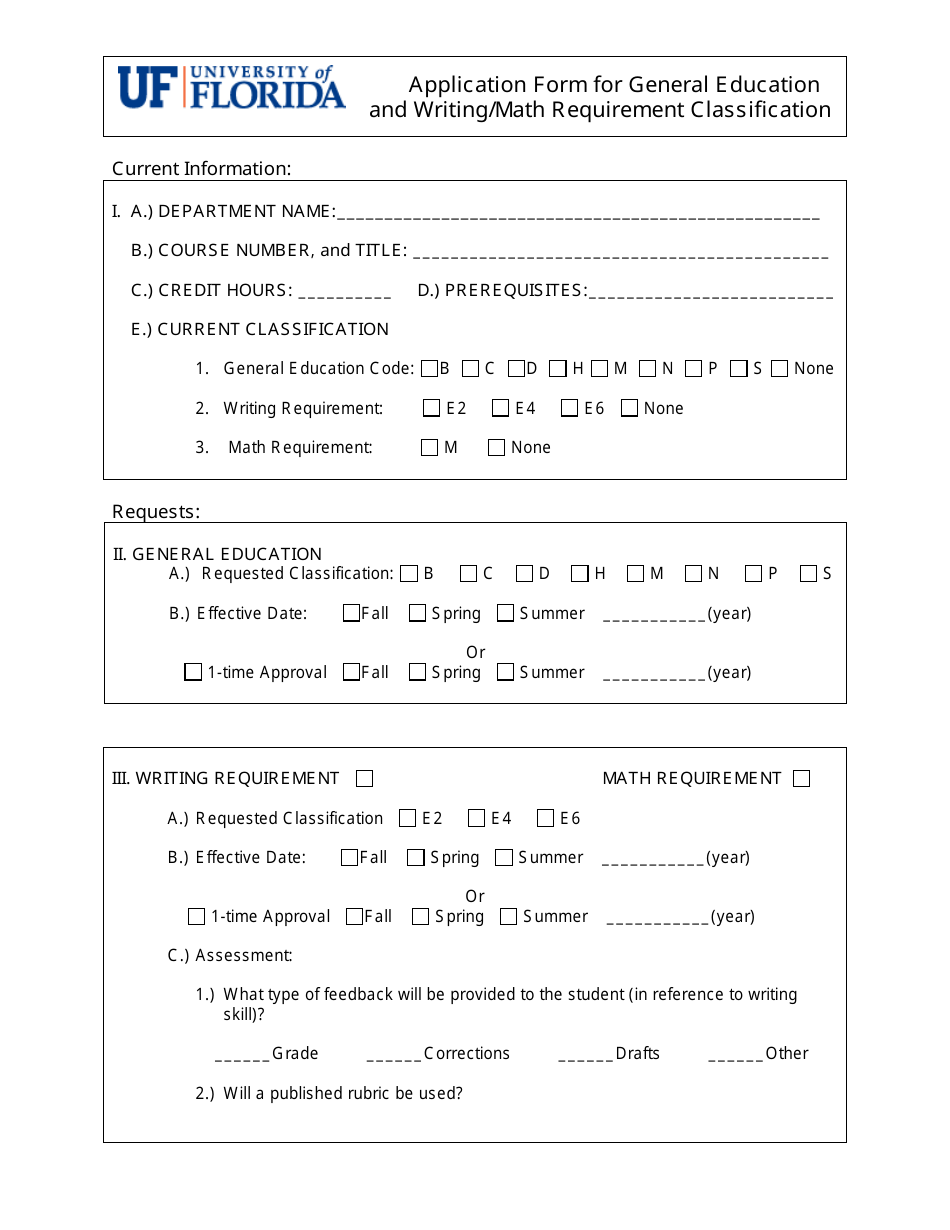 Application Form for General Education and Writing / Math Requirement Classification - University of Florida, Page 1