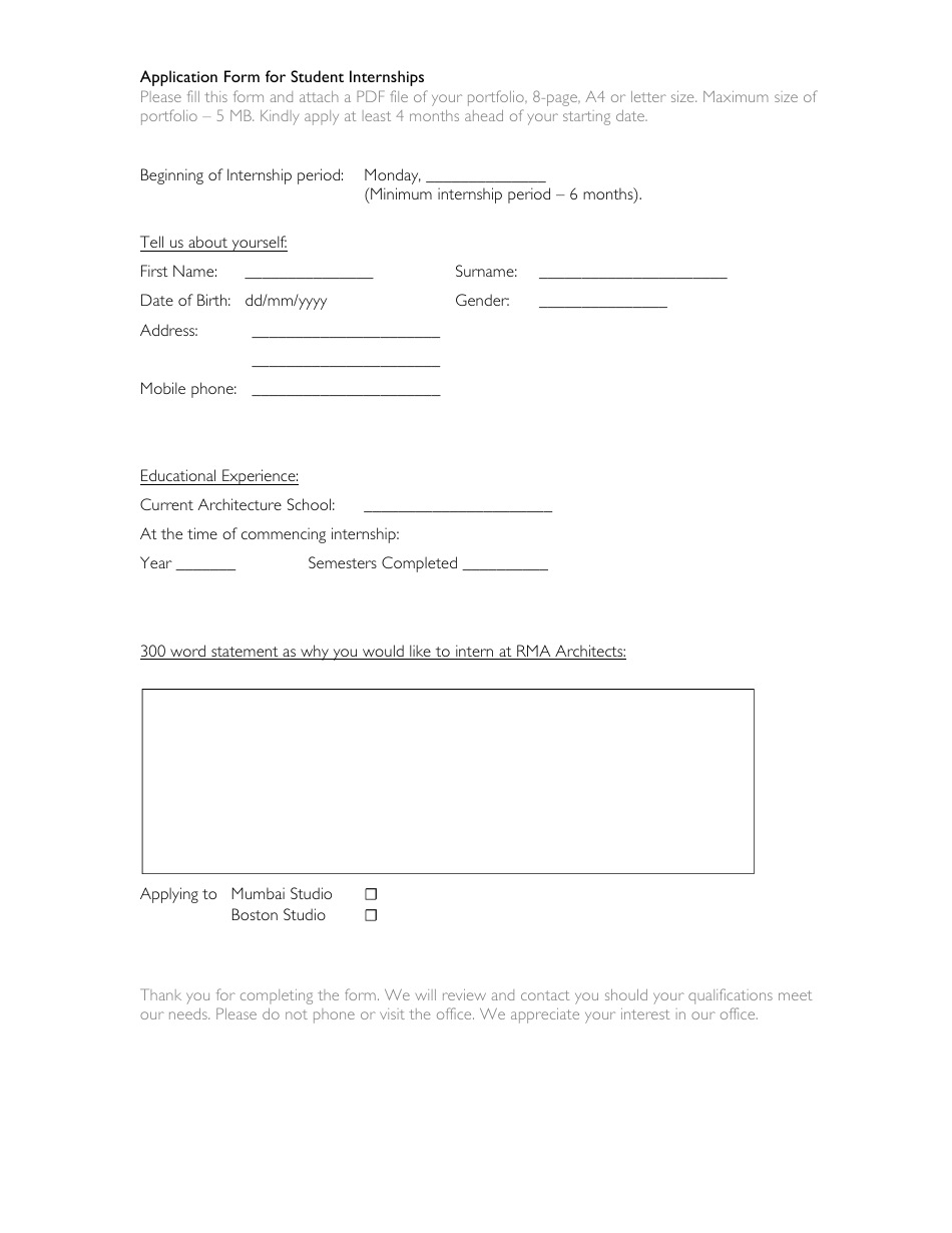 Student Internship Form, Page 1