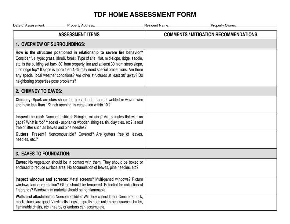 Tdf Home Assessment Form, Page 1
