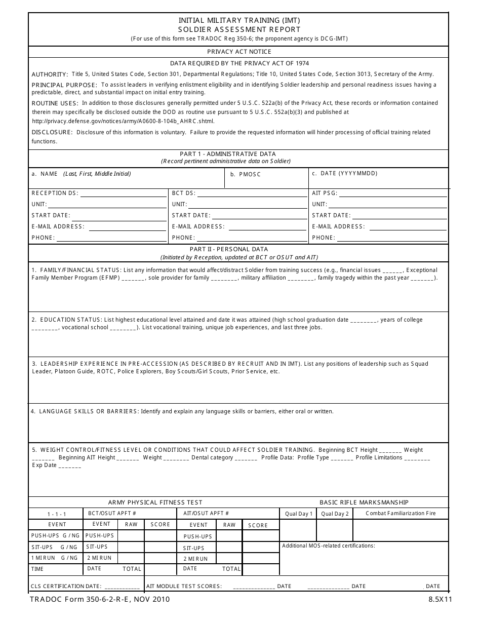 TRADOC Form 350-6-2-R-E Soldier Assessment Report, Page 1