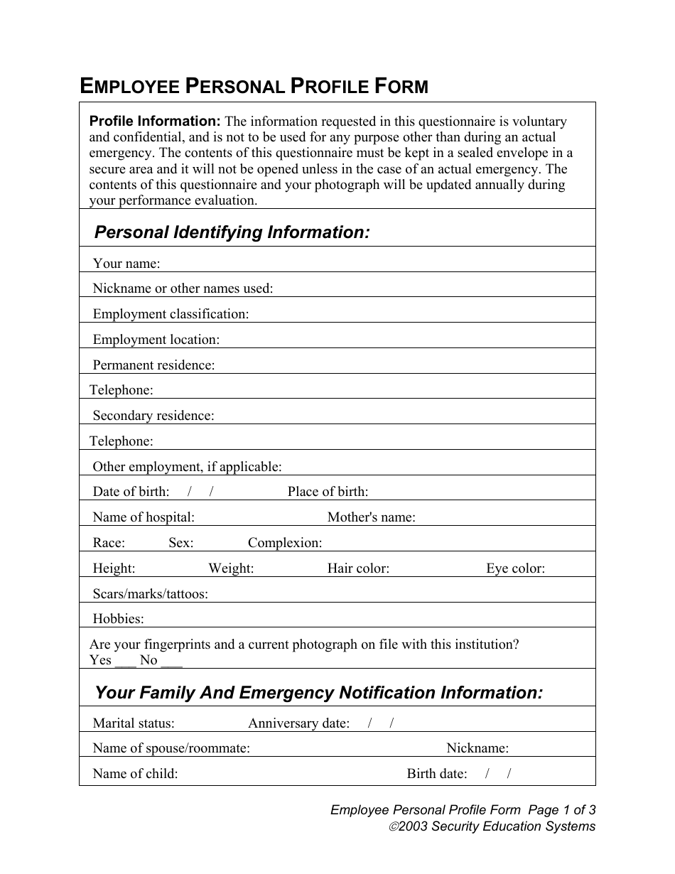Employee Personal Profile Form, Page 1