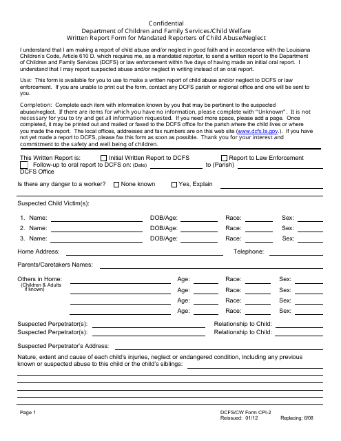 Form CPI-2 Written Report Form for Mandated Reporters of Child Abuse/Neglect - Louisiana