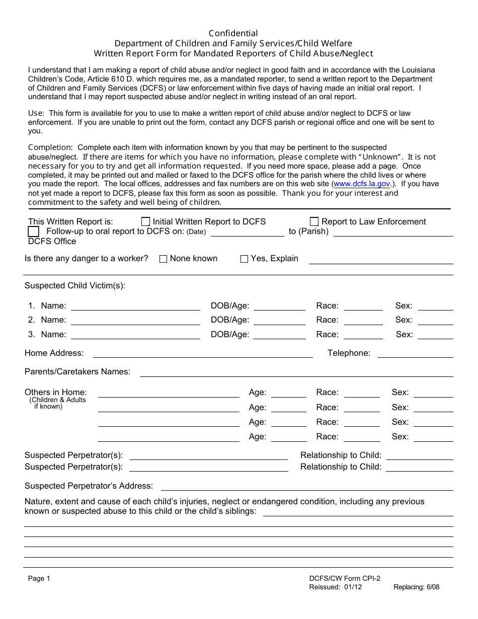 Form CPI-2 Written Report Form for Mandated Reporters of Child Abuse / Neglect - Louisiana, Page 1