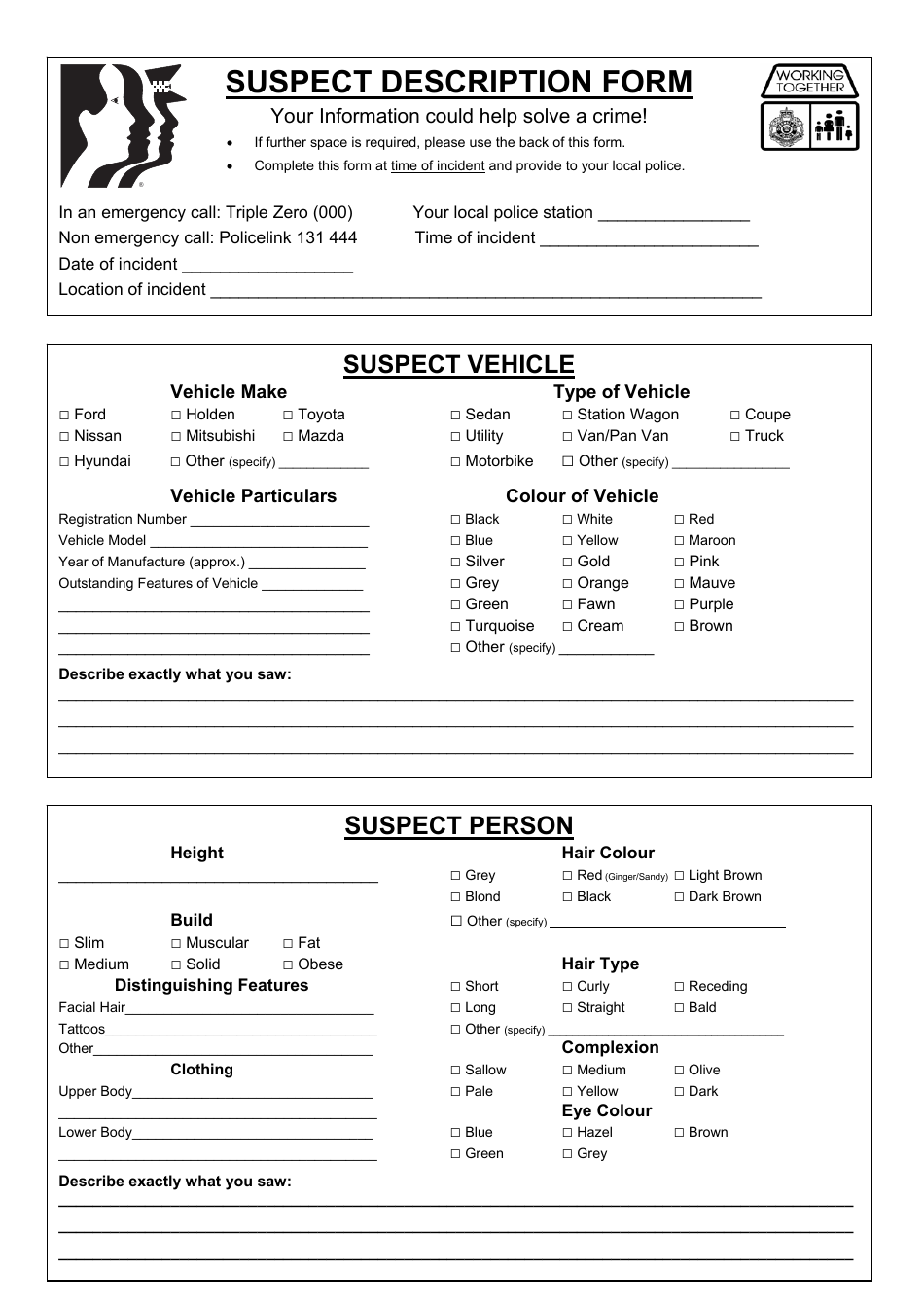 Suspect Description Form - Queensland, Australia, Page 1