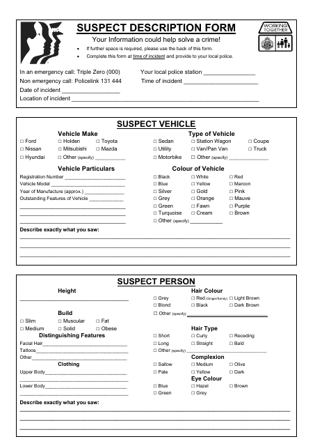 Suspect Description Form - Queensland, Australia