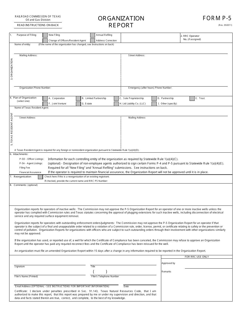 Form P-5 Organization Report - Texas, Page 1