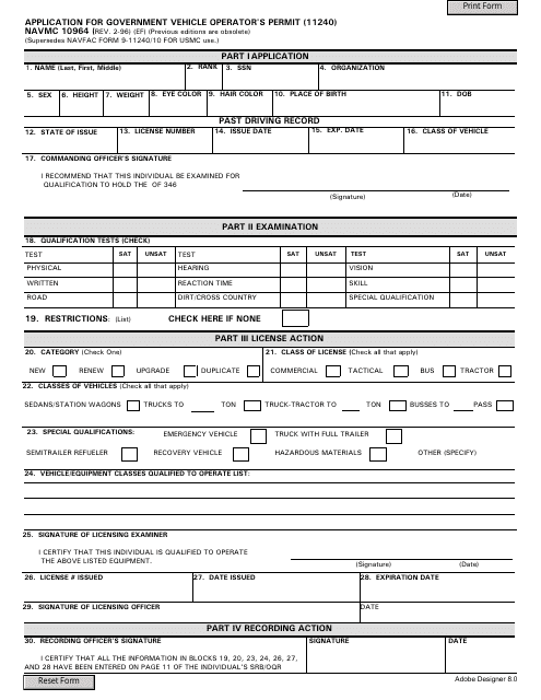 Form NAVMC10964 Application for Government Vehicle Operator's Permit