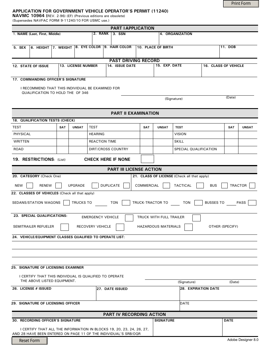 Form NAVMC10964 Application for Government Vehicle Operators Permit, Page 1