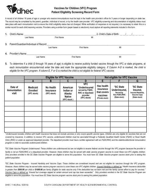 DHEC Form 1146 Vaccines for Children (Vfc) Program Patient Eligibility Screening Record Form - South Carolina