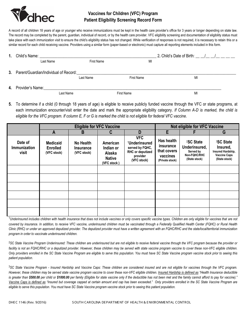 DHEC Form 1146 Vaccines for Children (Vfc) Program Patient Eligibility Screening Record Form - South Carolina, Page 1