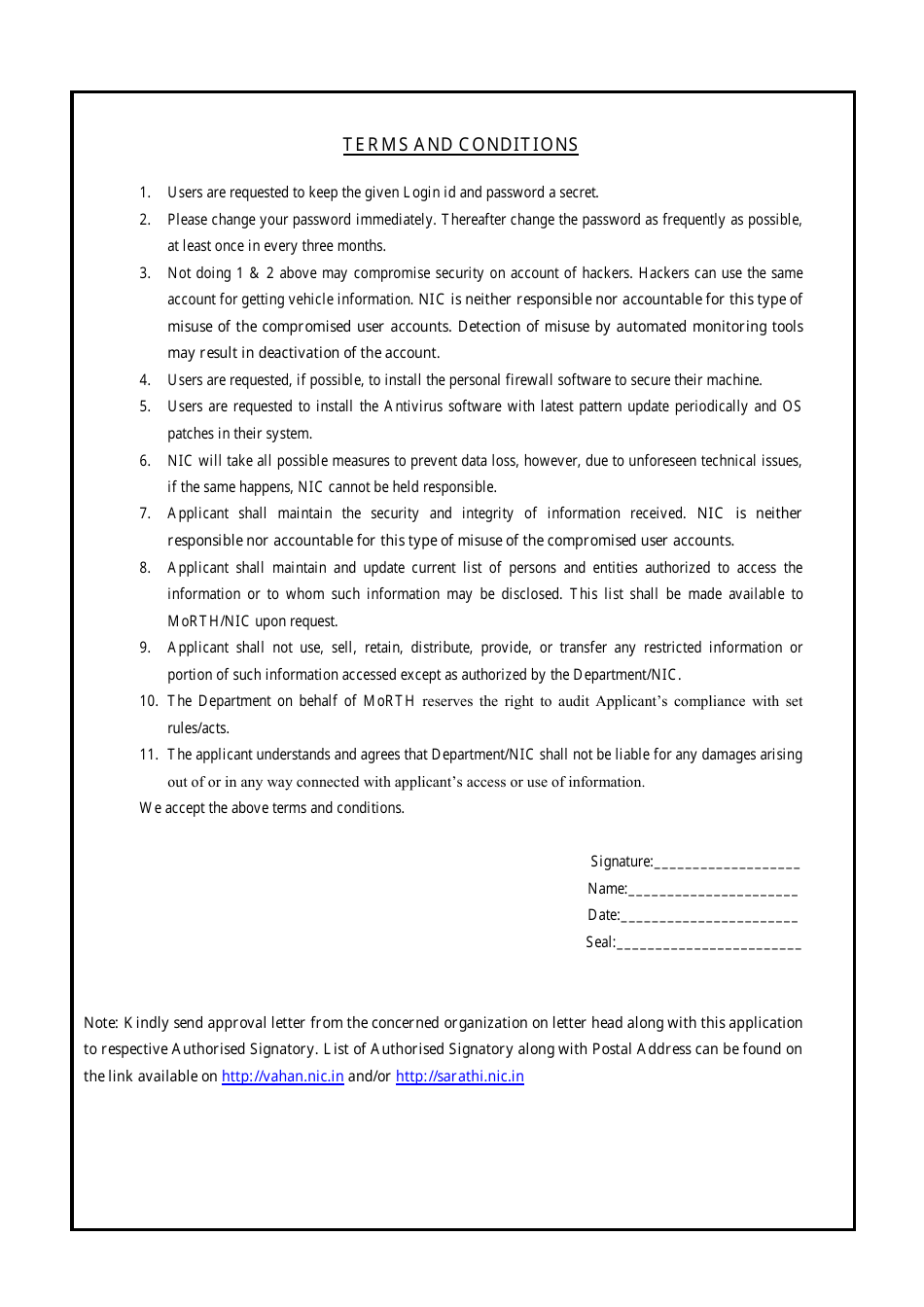 Format of Application for Login Id Creation for the national Transport Portal for Accessing Data of the National Register on Payment Basis to Be Submitted by the Corporate Office on Official Letter Heads - India, Page 2