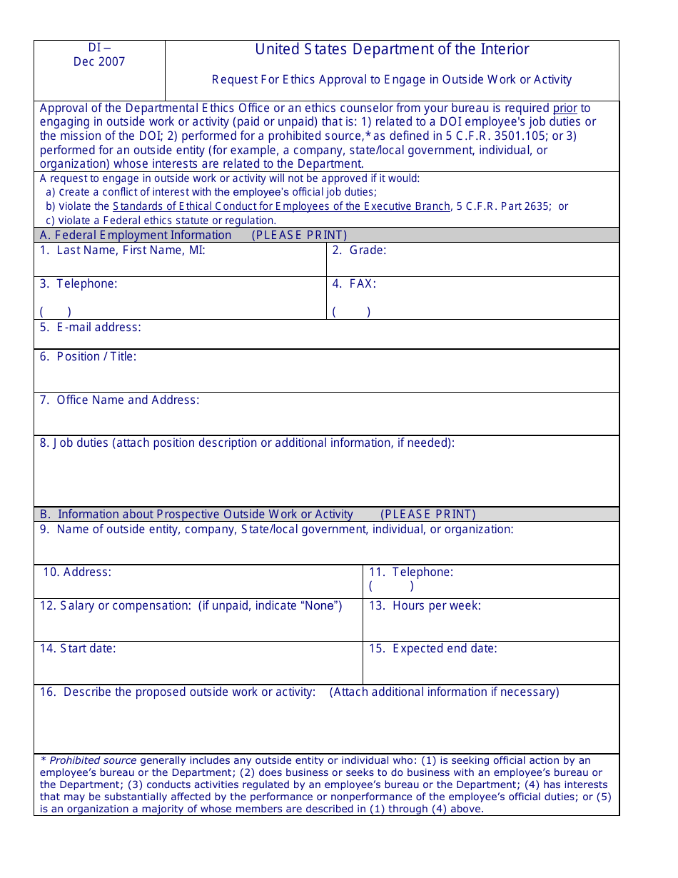 Request for Ethics Approval to Engage in Outside Work or Activity, Page 1