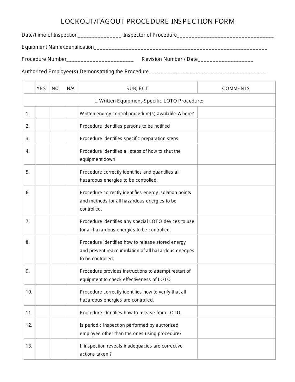 Lockout / Tagout Procedure Inspection Form, Page 1