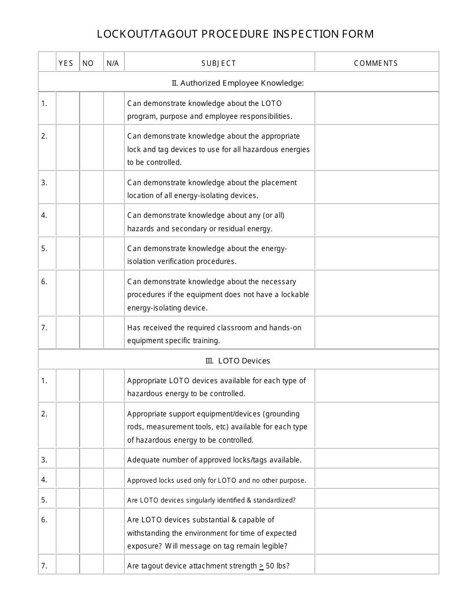 Lockout/Tagout Procedure Inspection Form - Fill Out, Sign Online And ...