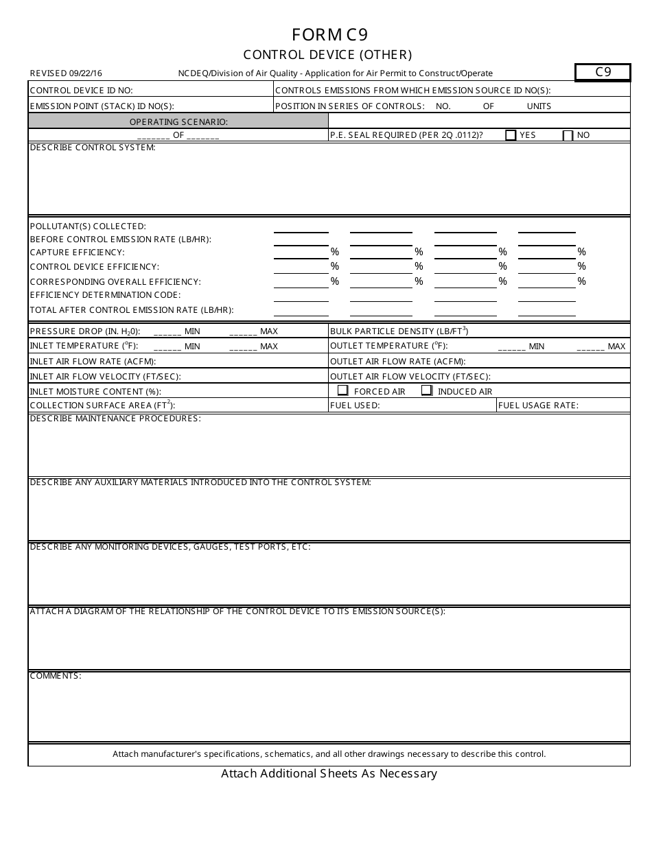Form C9 Control Device (Other) - Application for Air Permit to Construct / Operate - North Carolina, Page 1