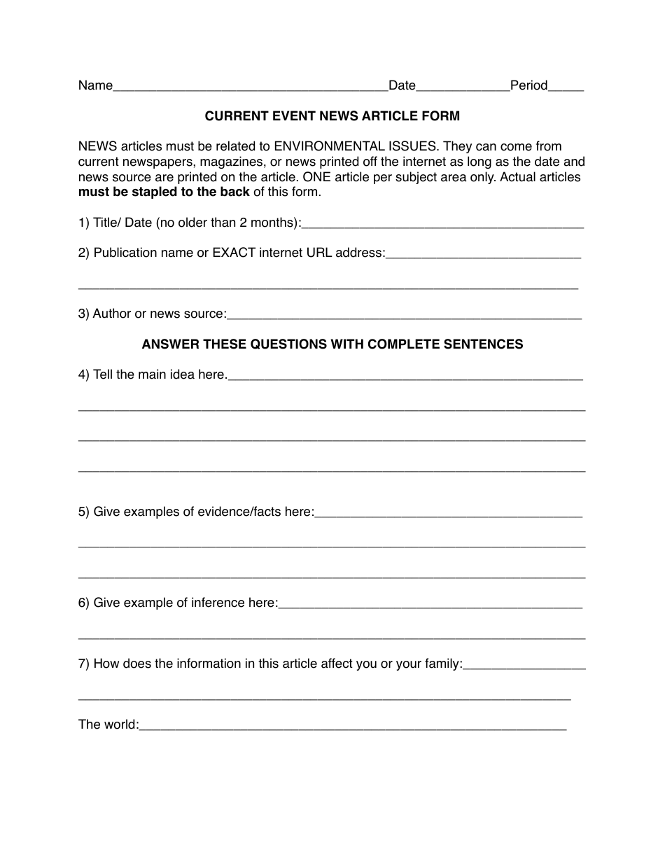 Current Event News Article Form Download Printable PDF With Current Events Worksheet Pdf