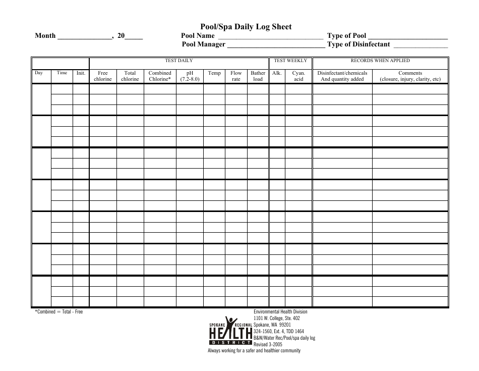 Pool/SPA Daily Log Sheet Template - Health District