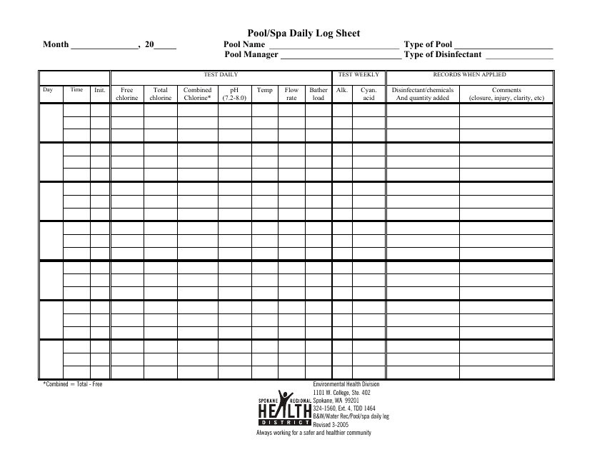 Pool/Spa Daily Log Sheet Template Health District Download Printable