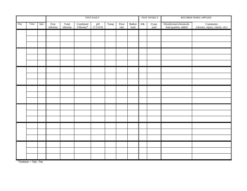 Pool/SPA Daily Log Sheet Template - Health District Download Printable ...