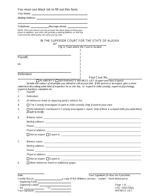 Form SHC-1050 Witness List - Alaska