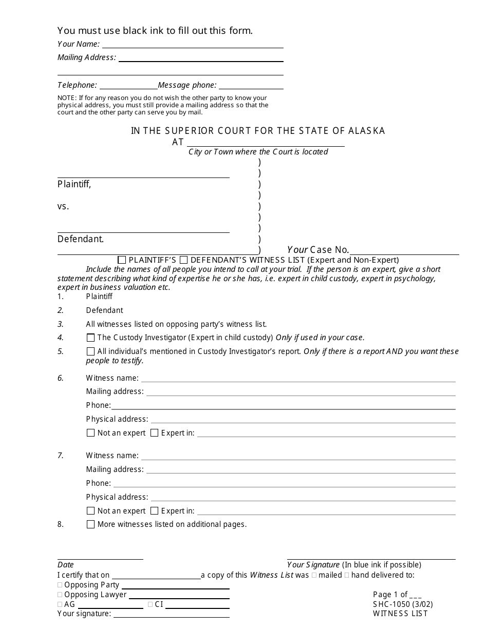 Form SHC-1050 Witness List - Alaska, Page 1