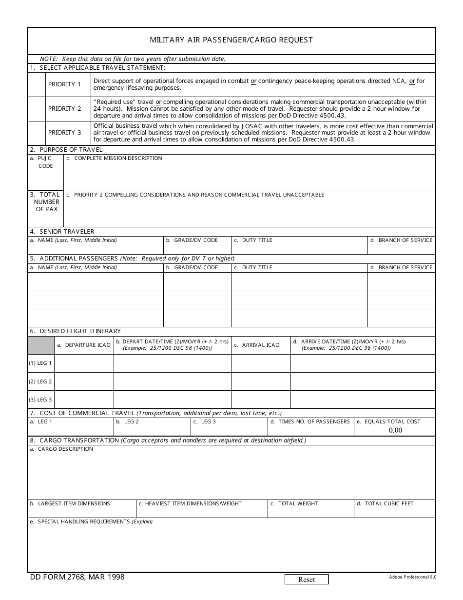 DD Form 2768 Military Air Passenger / Cargo Request, Page 1