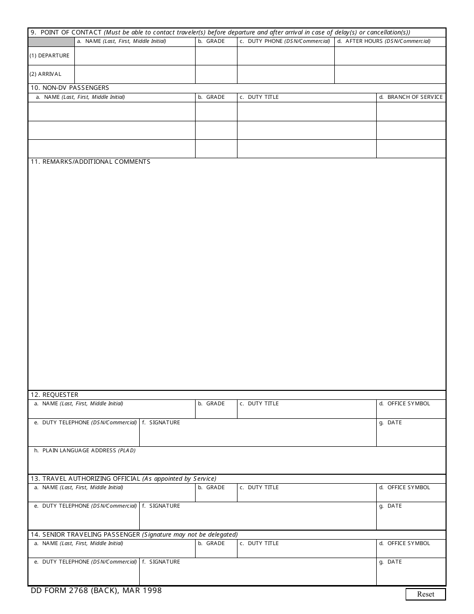DD Form 2768 Military Air Passenger / Cargo Request, Page 2