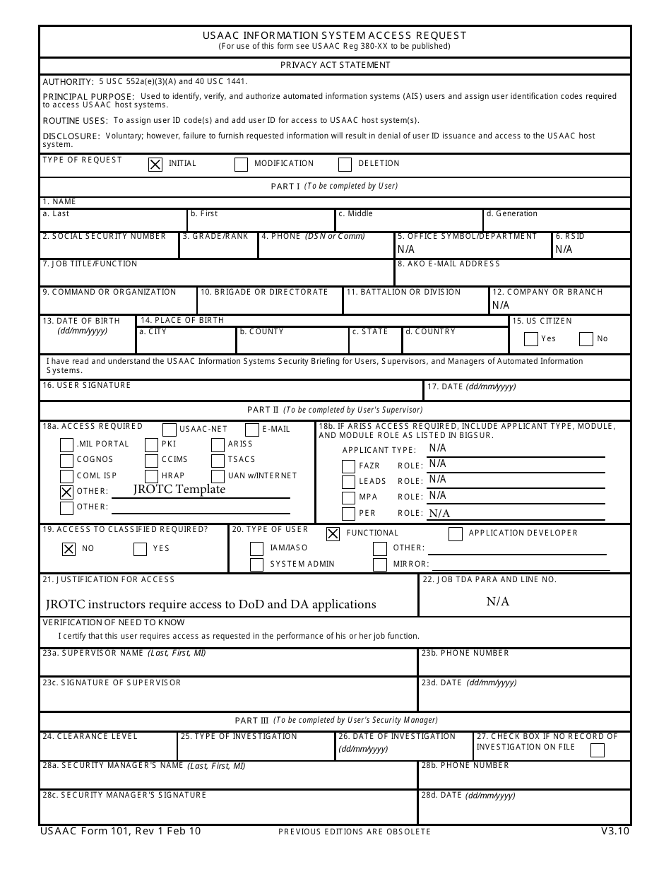 USACC Form 101 Usaac Information System Access Request, Page 1