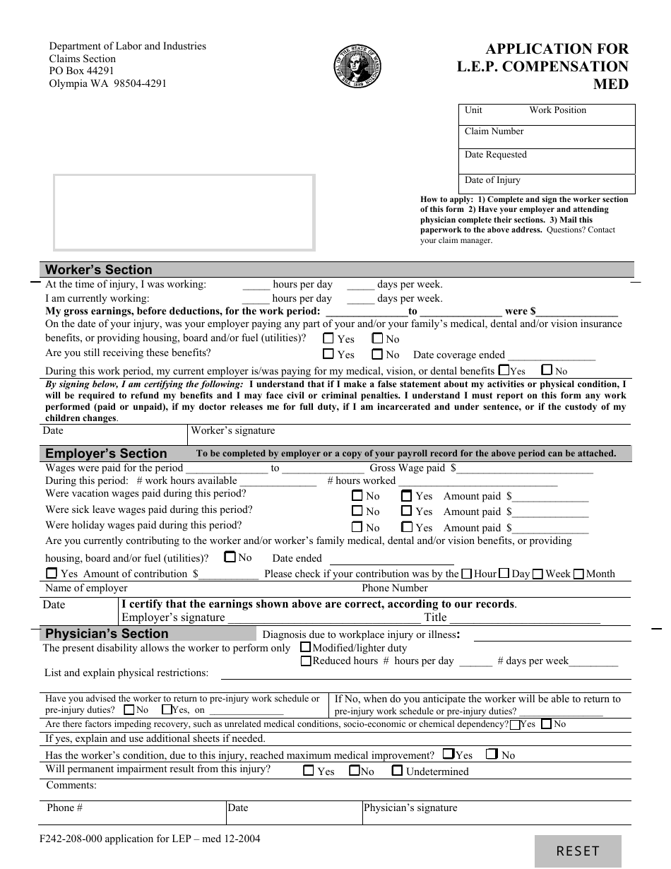Form F242-208-000 Application for L.e.p. Compensation Med - Washington, Page 1