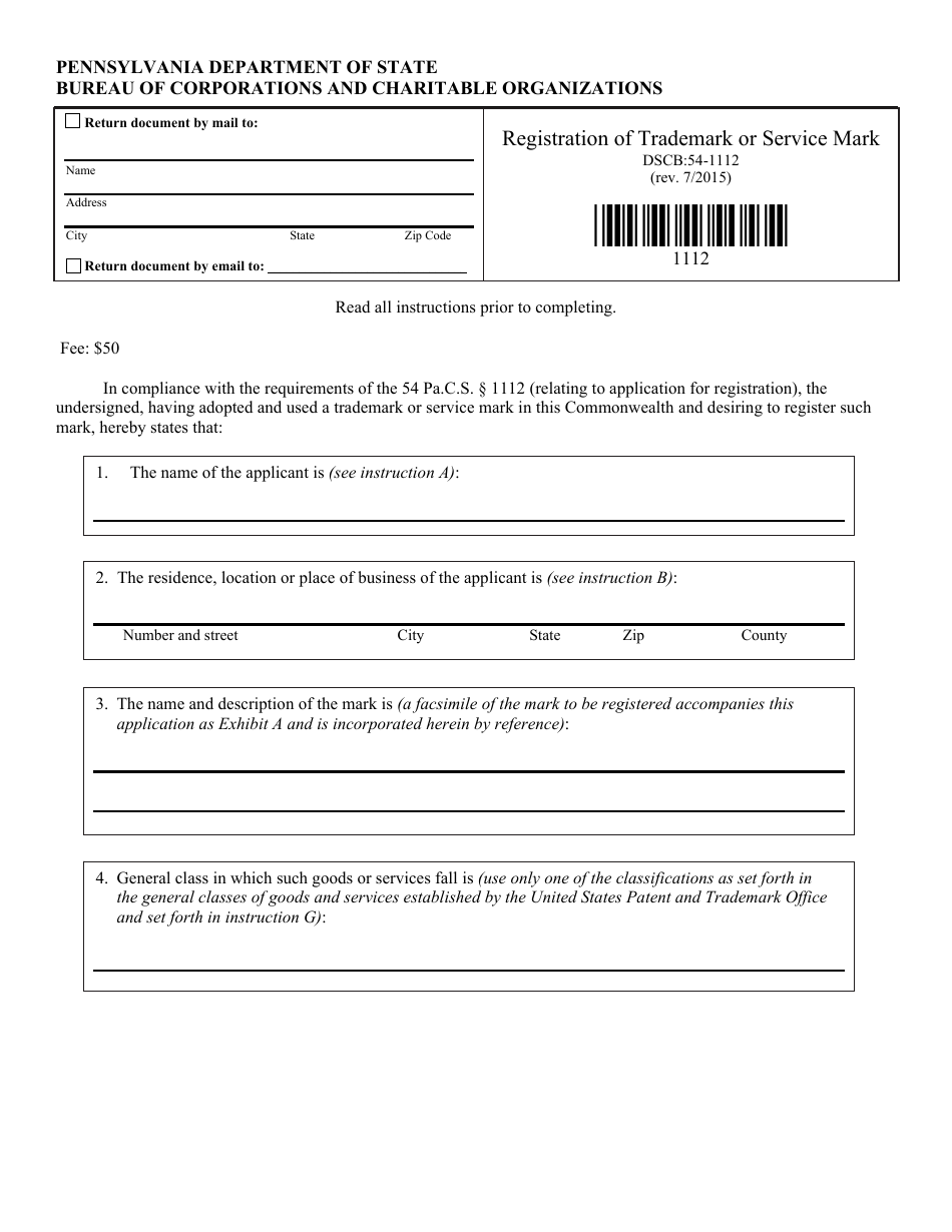 Form DSCB:54-1112 Registration of Trademark or Service Mark - Pennsylvania, Page 1