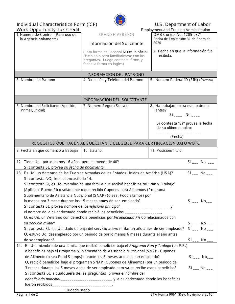 ETA Formulario 9061 Individual Characteristics Form (Icf) Work Opportunity Tax Credit (Spanish), Page 1