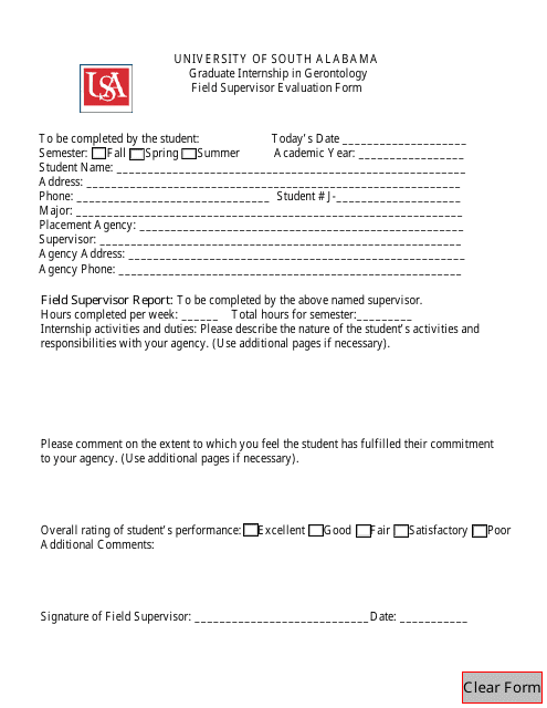 Graduate Internship in Gerontology Field Supervisor Evaluation Form - University of South Alabama Download Pdf