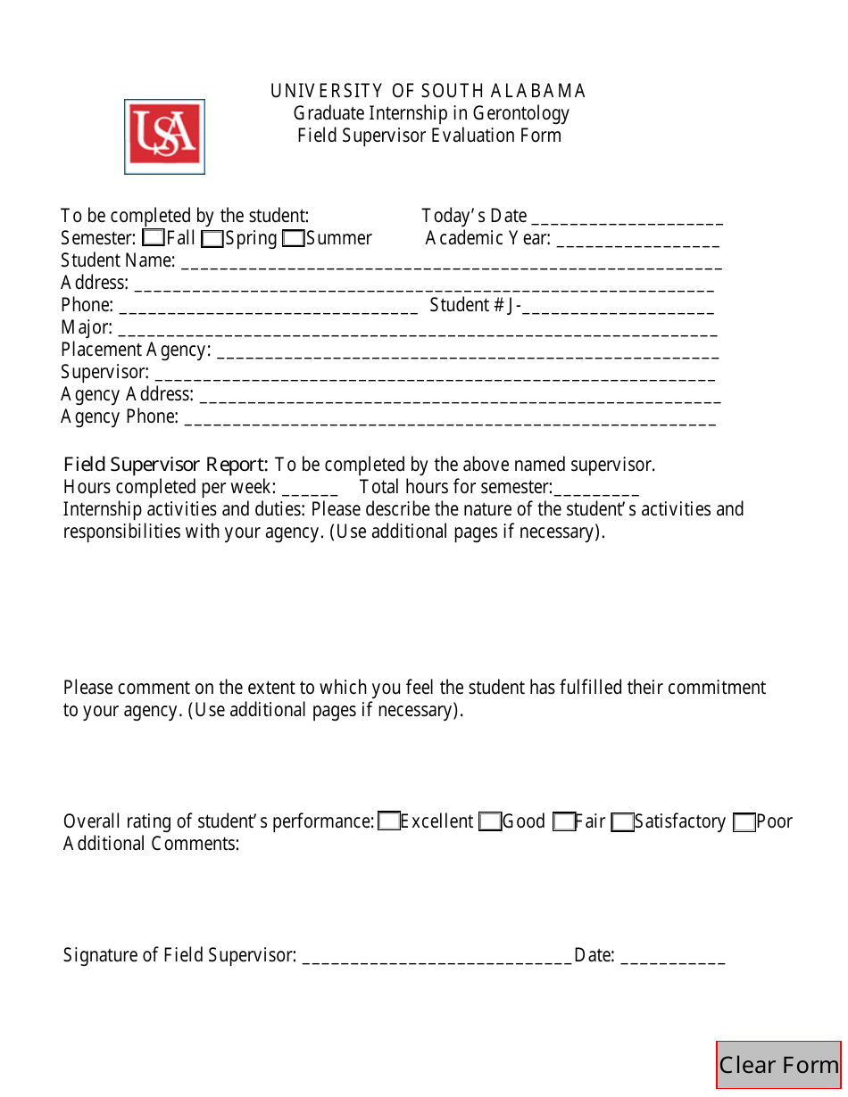 Graduate Internship in Gerontology Field Supervisor Evaluation Form - University of South Alabama, Page 1
