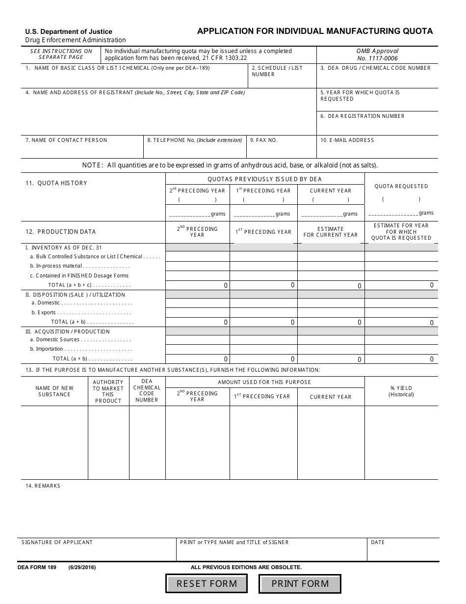 DEA Form 189 Application for Individual Manufacturing Quota, Page 1