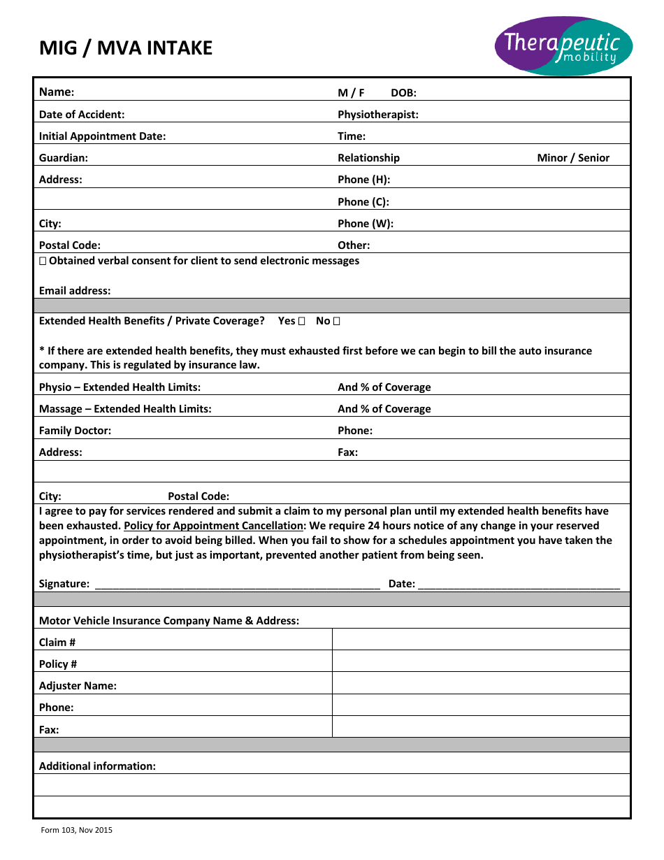 Mig/Mva Intake Form - Therapeutic Mobility - Fill Out, Sign Online and ...