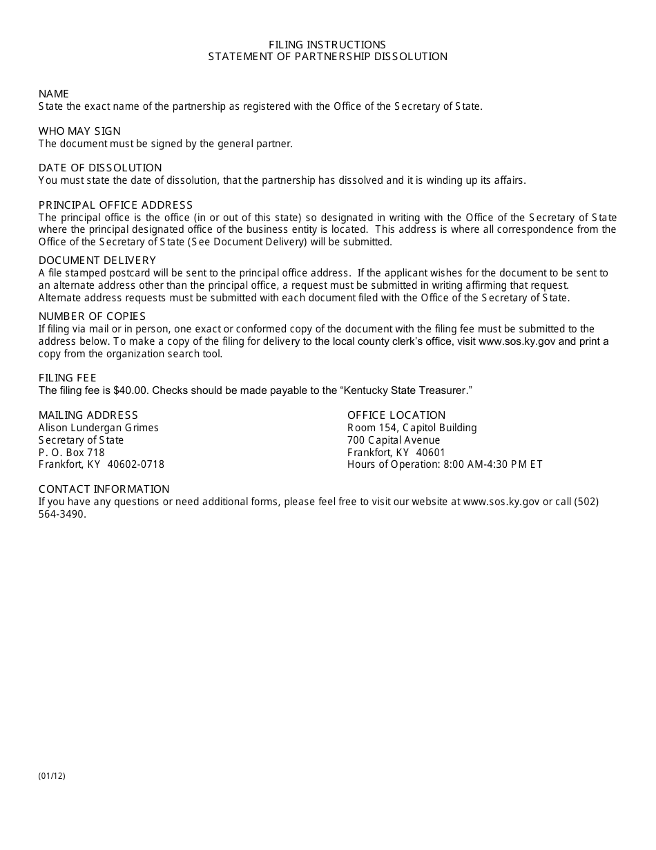 Form SPD Statement of Partnership Dissolution (Domestic or Foreign Partnership) - Kentucky, Page 2