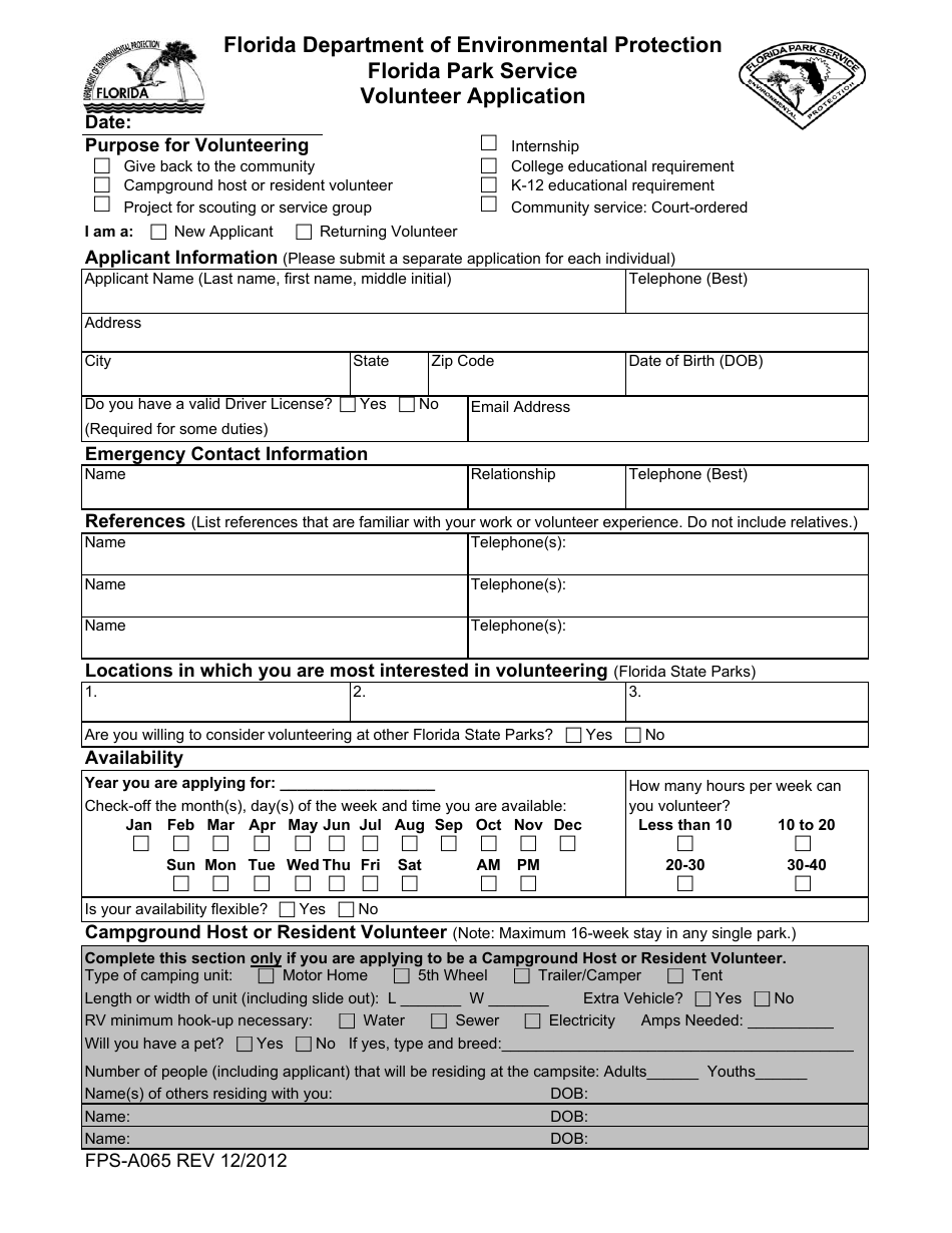 DEP Form FPS-A065 Volunteer Application - Florida Park Service - Florida, Page 1
